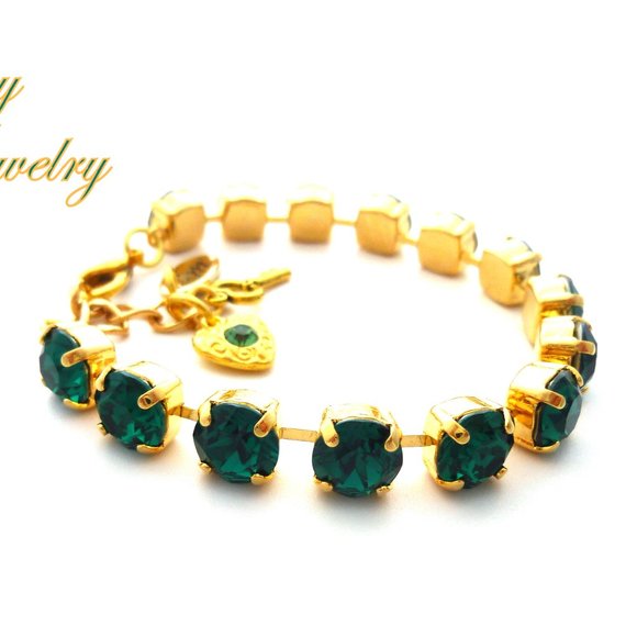 Emerald Green Tennis Bracelet made with Genuine Swarovski crystals Gold Finish - Picture 6 of 10